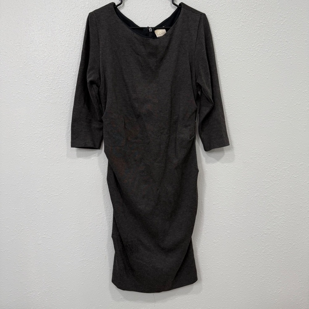 Nicole Miller Studio Women's Charcoal Grey Ruched 3/4 Sleeve Midi Dress Size L